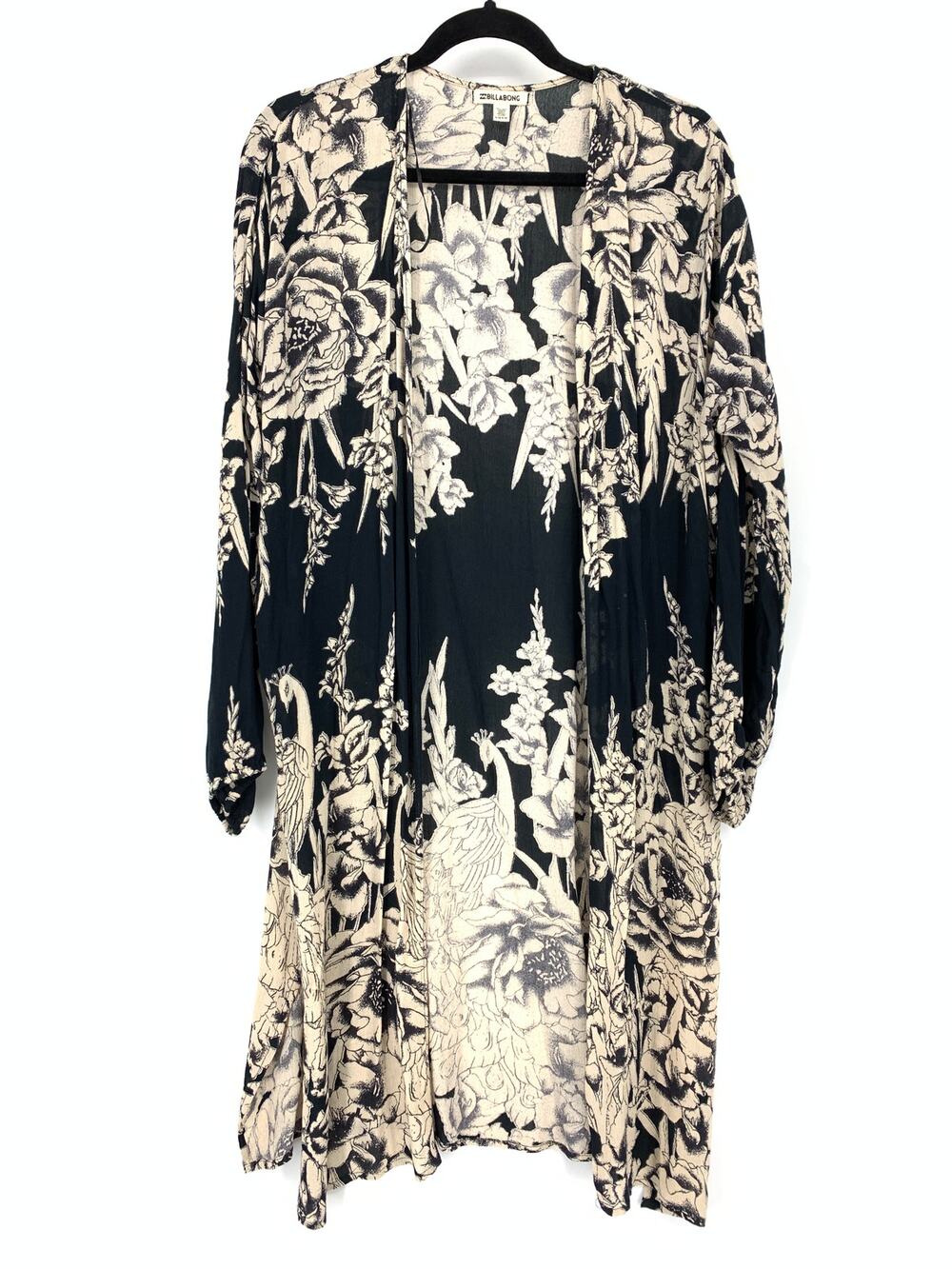 Billabong Kimono Open Front Womens Size S/M Black Cream Floral Print